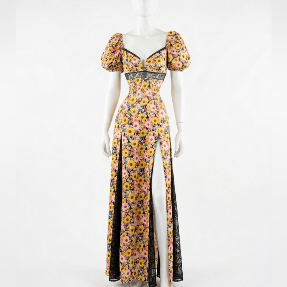 For Love And Lemons Yellow Pink Floral Lace-Trim Maxi Dress